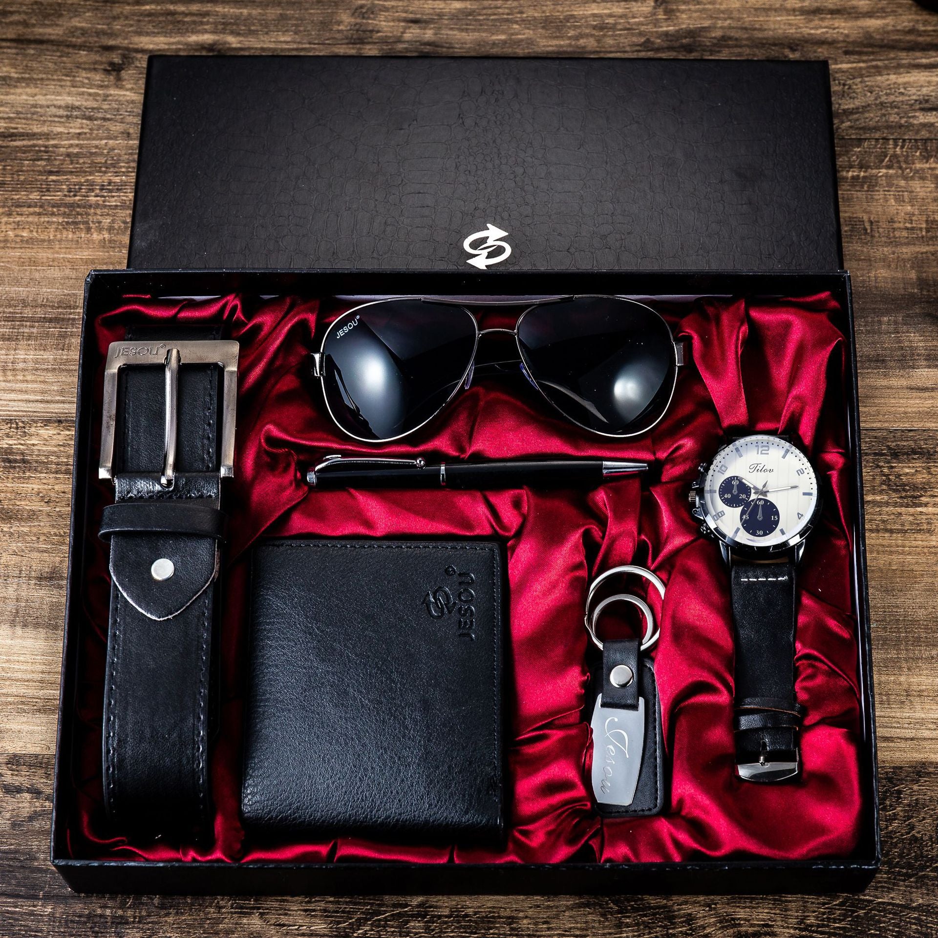 Gift Business Luxury Company Mens Set 6 in 1 Watch Glasses Pen Keychain Belt Pu image 2