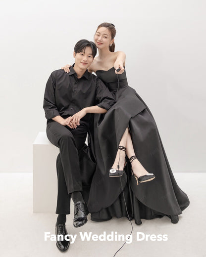 Fancy Simple Black V Neck Korea Wedding Dress Sleeveless A Line Satin Bridal Go image 3