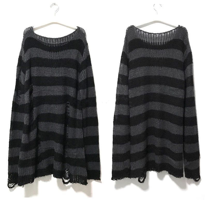 New Punk Gothic Long Unisex Sweater Summer Womentriped Cool Hollow Out Hole B