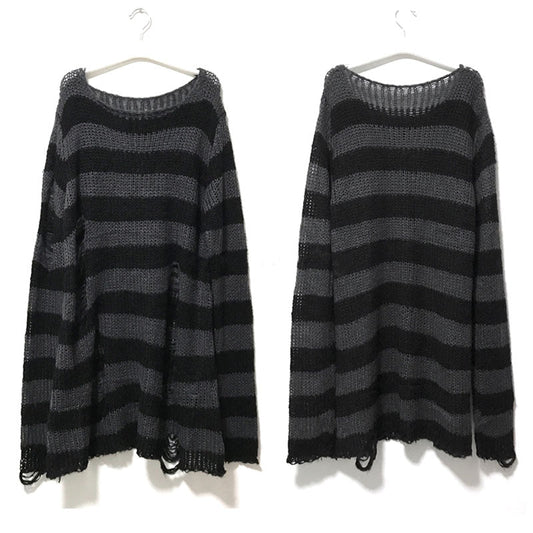 New Punk Gothic Long Unisex Sweater Summer Womentriped Cool Hollow Out Hole B