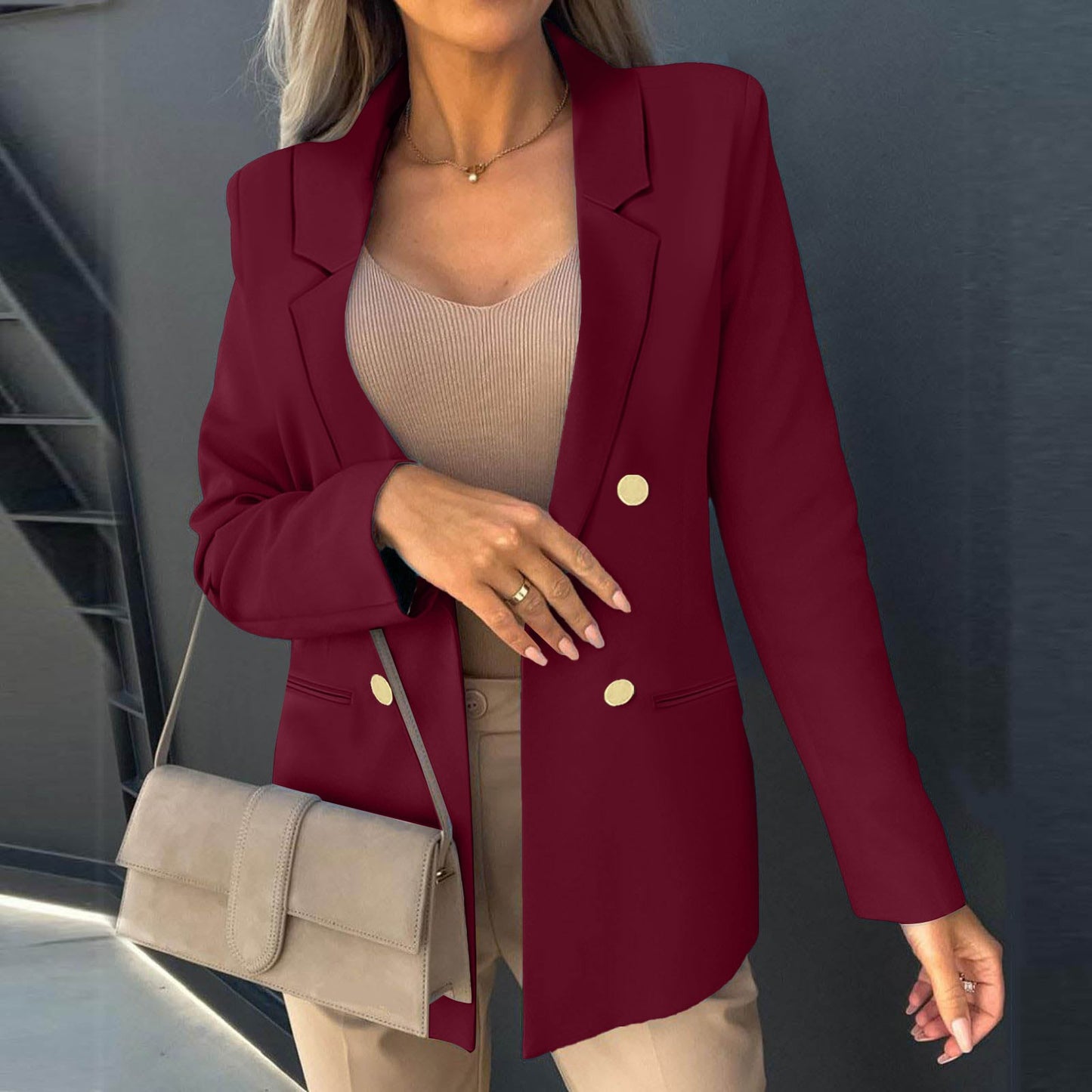 Women Outerwear Suit Loose Fit Buttons Up Lapel Workwear Blazer Office Lady Mul image 3