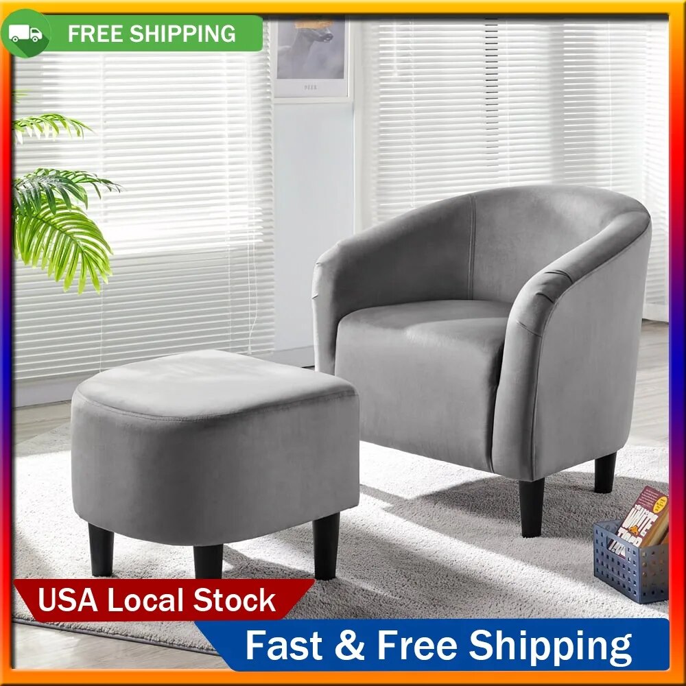 Fashion Velvet Club Accent Chair and Ottoman Set, Gray Living Room Chairs image 1
