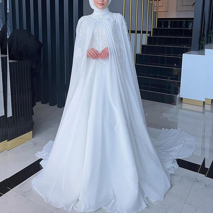Elegant Muslim Wedding Dresses with Cape High Neck Long Sleeves Sweep Train Chi image 1