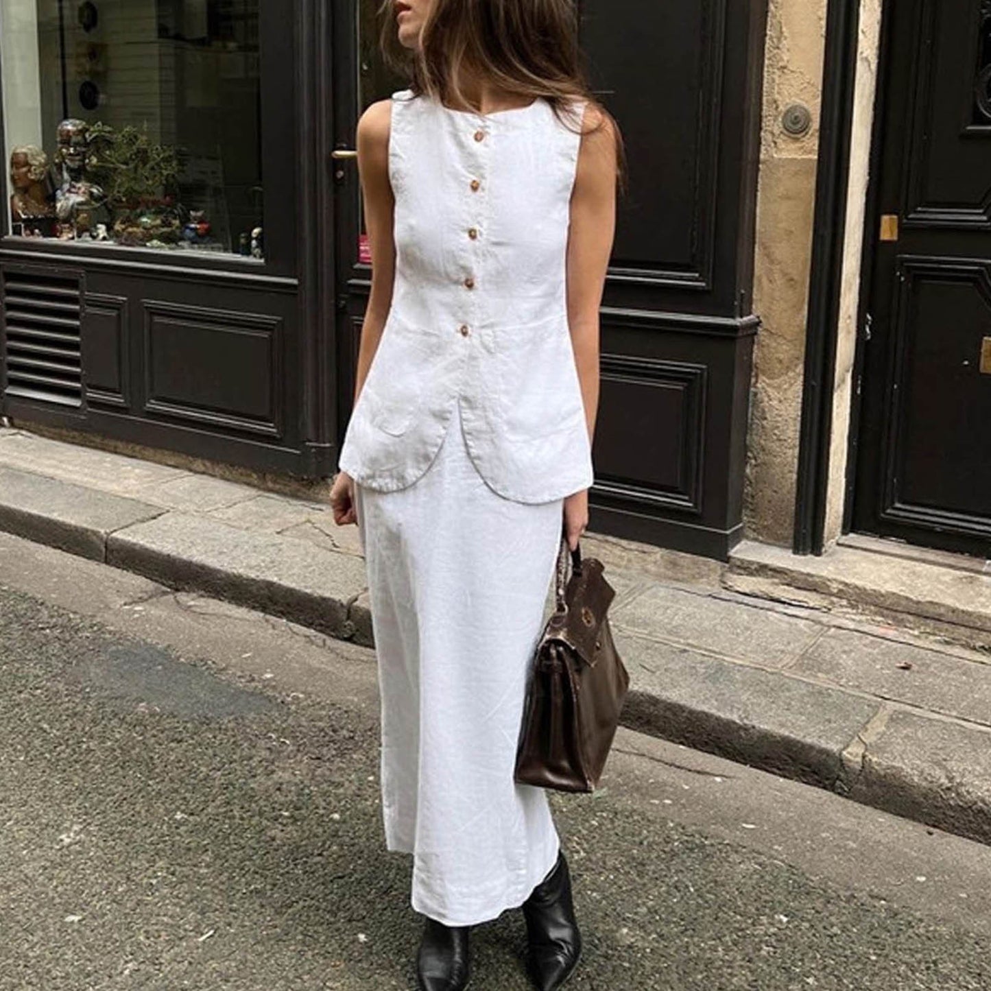 Women Vest Skirt Set Female Khaki Long Blazer Vest V Neck Sleeveless Slim Top+E image 2