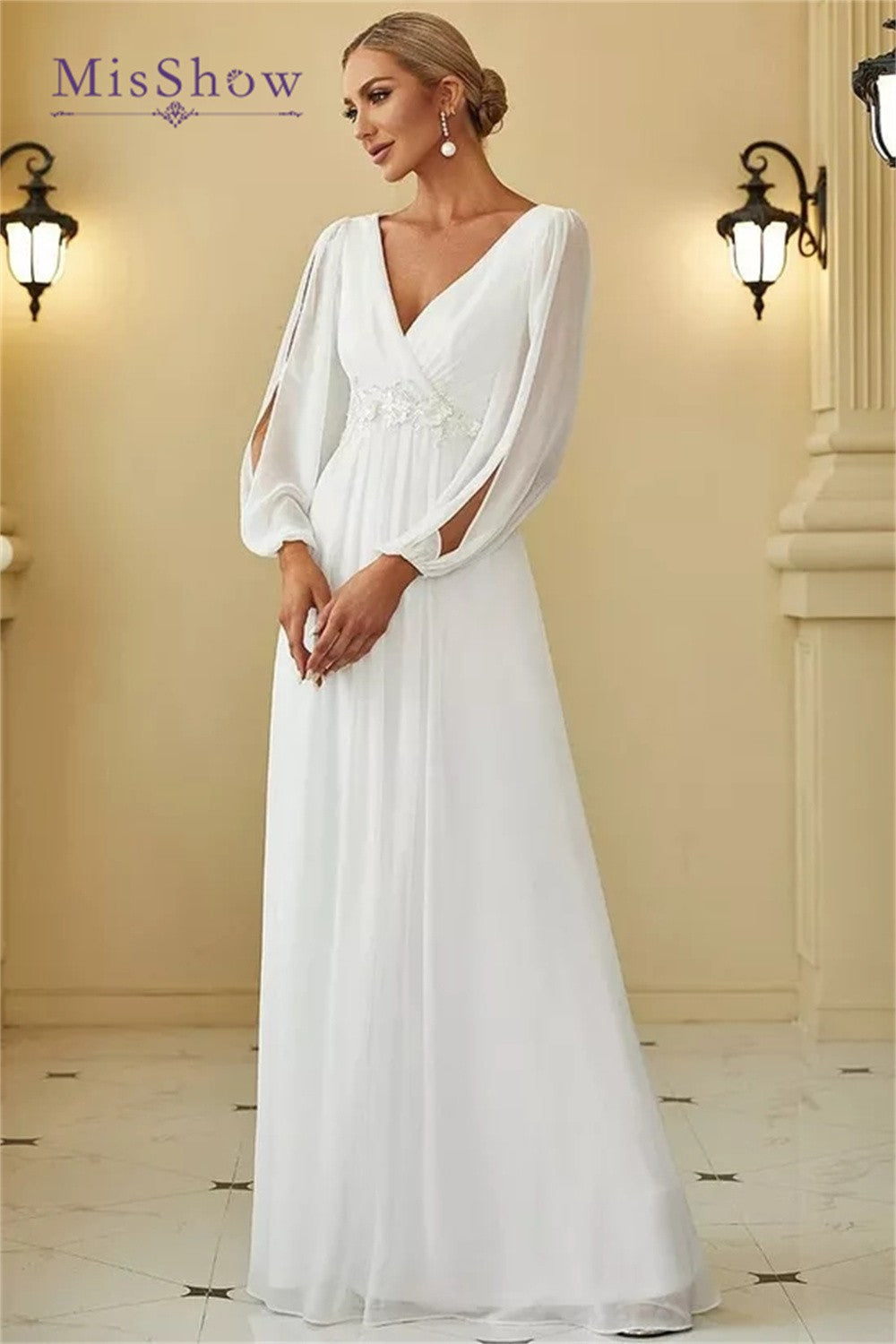 MisShow Simple Wedding Dresses For Women 2024 Elegant V-Neck Chiffon White Long image 4
