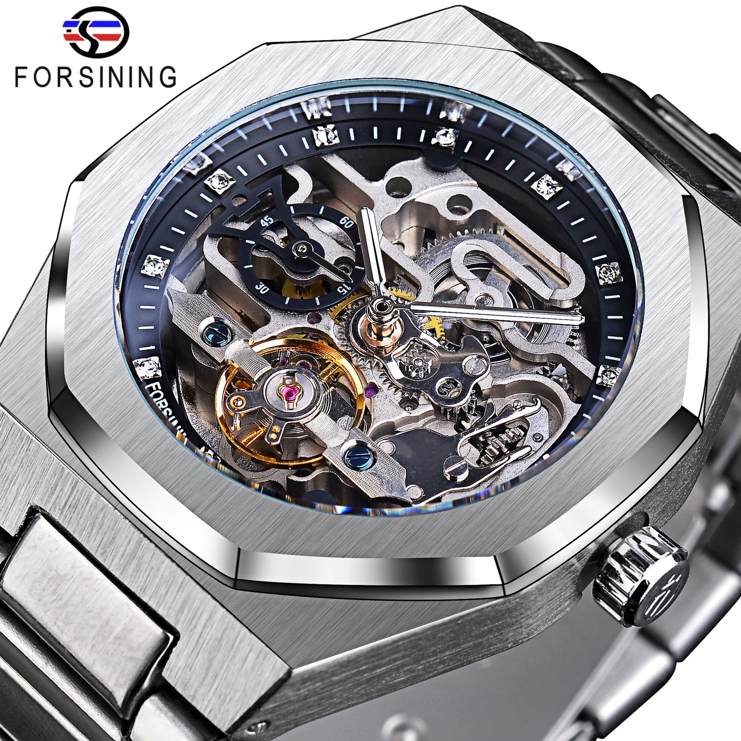 Forsining Casual Automatic Watch 3D Diamond Skeleton Hollow Mens Wristwatches L image 2
