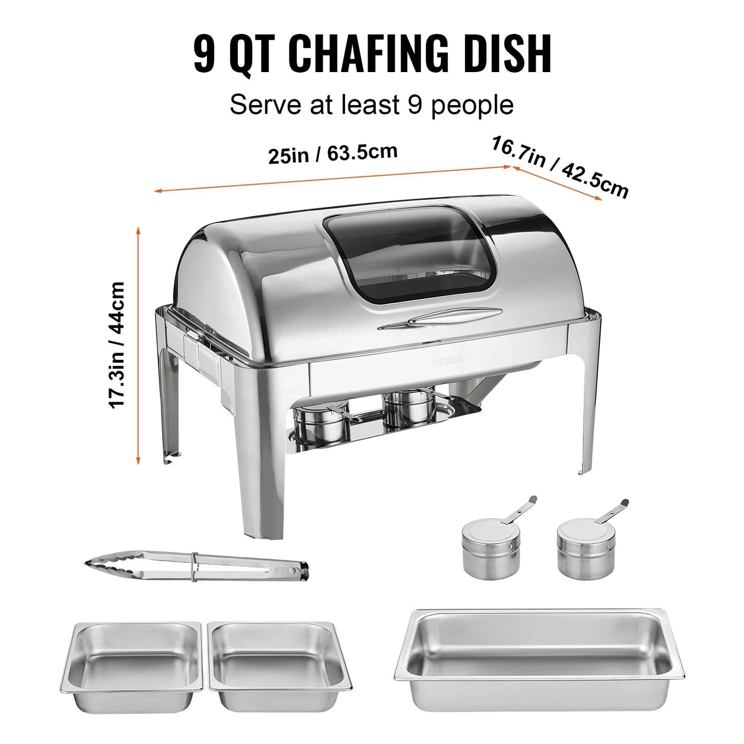VEVOR 9QT Roll-top ChaFolding Dish Buffet Set Stainless Steel Chafer w/2 Half Pans