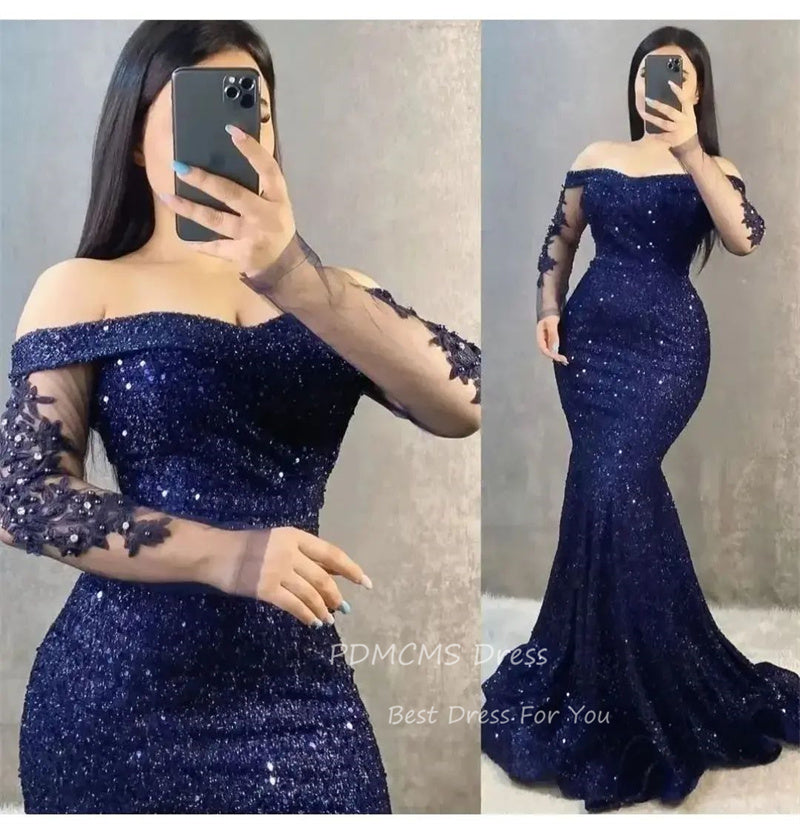  Sequin Mermaid Evening Dresses Backless Prom Dress Long Sleeves Plus Party