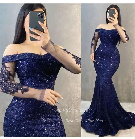  Sequin Mermaid Evening Dresses Backless Prom Dress Long Sleeves Plus Party