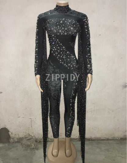 Red Fringes Rhinestones Jumpsuit Stage Bodysuit Celebrate Dance Tassel Costume image 3