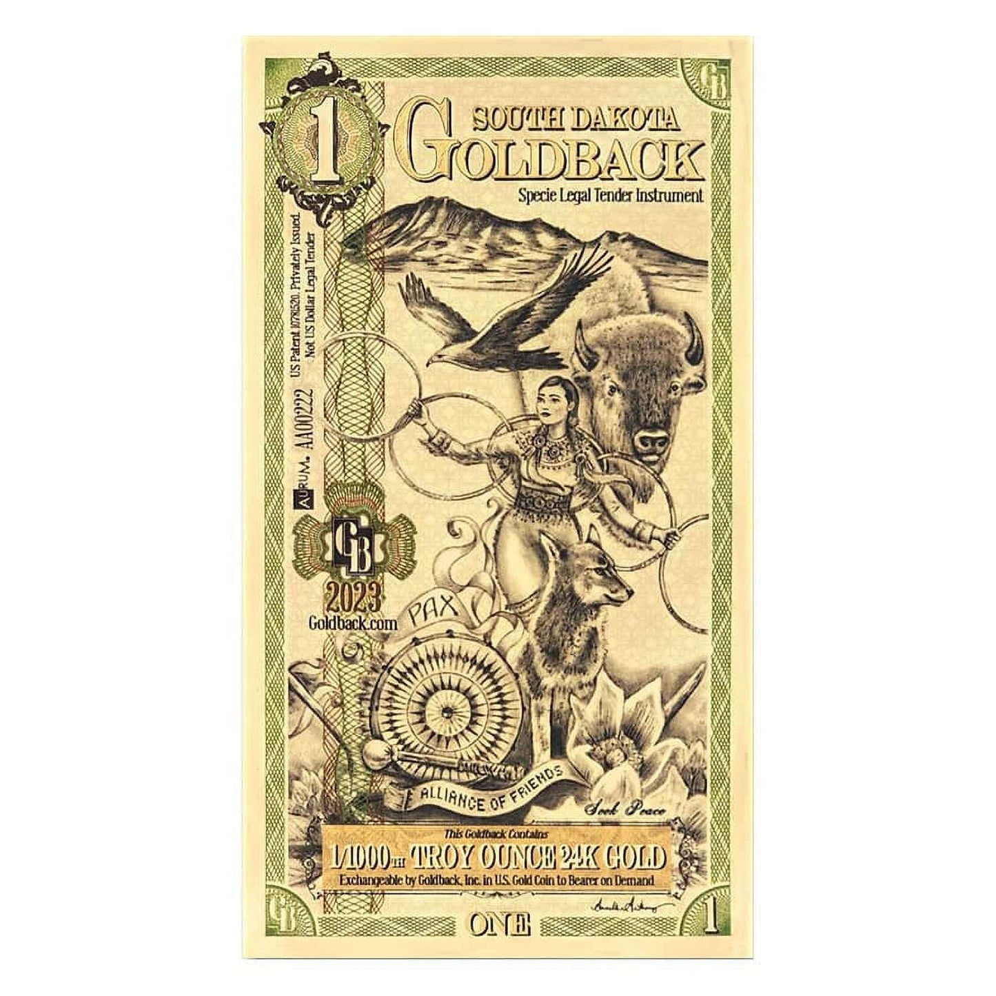 1 South Dakota Goldback 1/1000 oz 24K Gold Foil Aurum Note