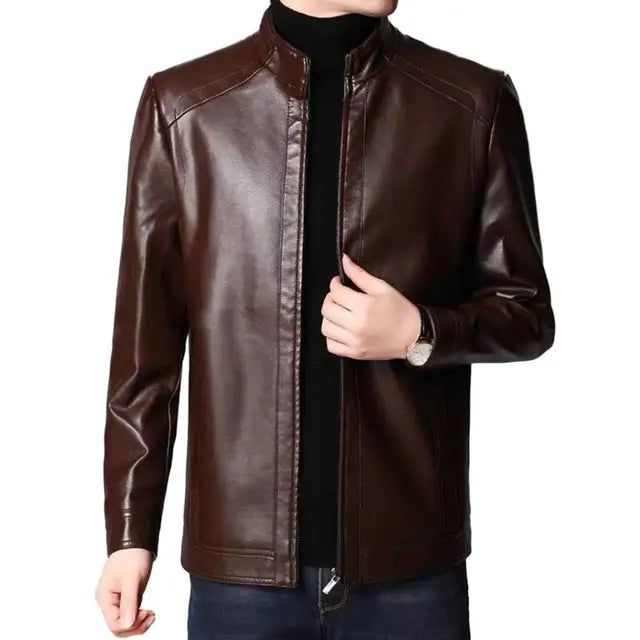 Men Faux Leather Jacket Men's Faux Leather Motorcycle Jacket with Stand Collar image 4