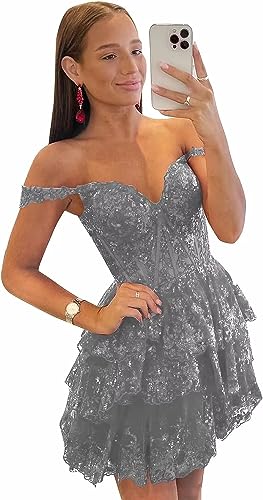 Off-the-Shoulder Sweetheart Tulle Homecoming Dresses Lace Tiered Sleeveless Spa image 1