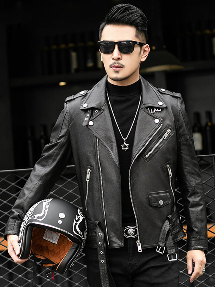 Spring Autumn Short Cool Black Leather Biker Jacket Men Zipper Long Sleeve Belt image 3