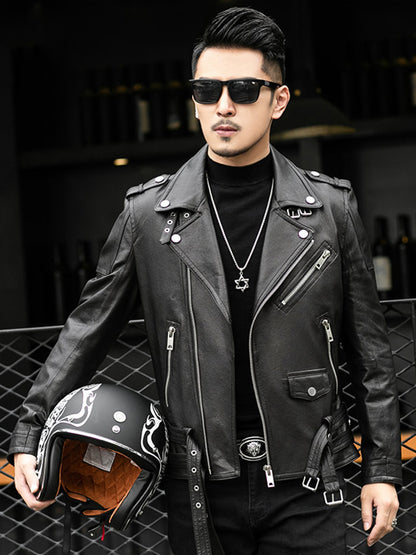 Spring Autumn Short Cool Black Leather Biker Jacket Men Zipper Long Sleeve Belt image 3