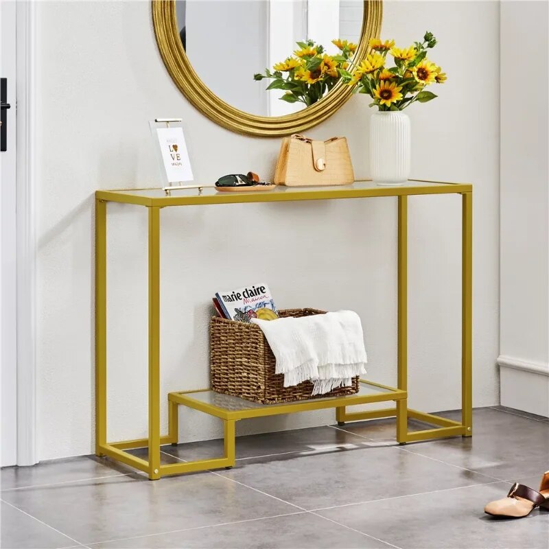 t 2-layer Modern Tempered Glass Console Table with Sturdy Metal Frame for Livin image 5