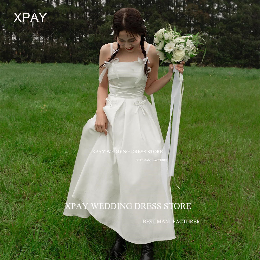 XPAY Simple Strapless Korea Wedding Dresses Ribbons Bow Women Po Shoot Floor image 1