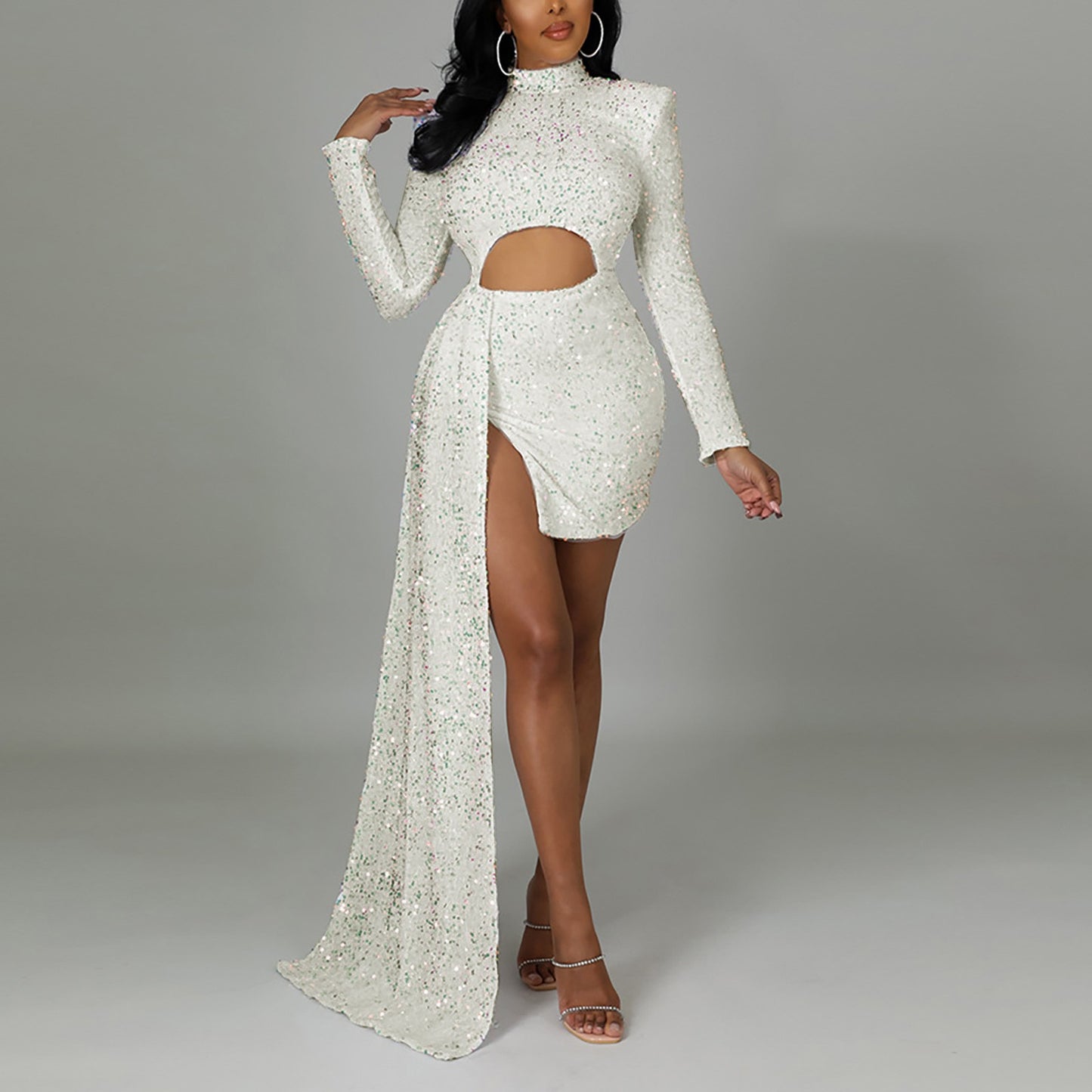 Elegant Sexy White/Red Hollow Out Sequins Long Dress Women's Fashion Bodycon Lo image 2