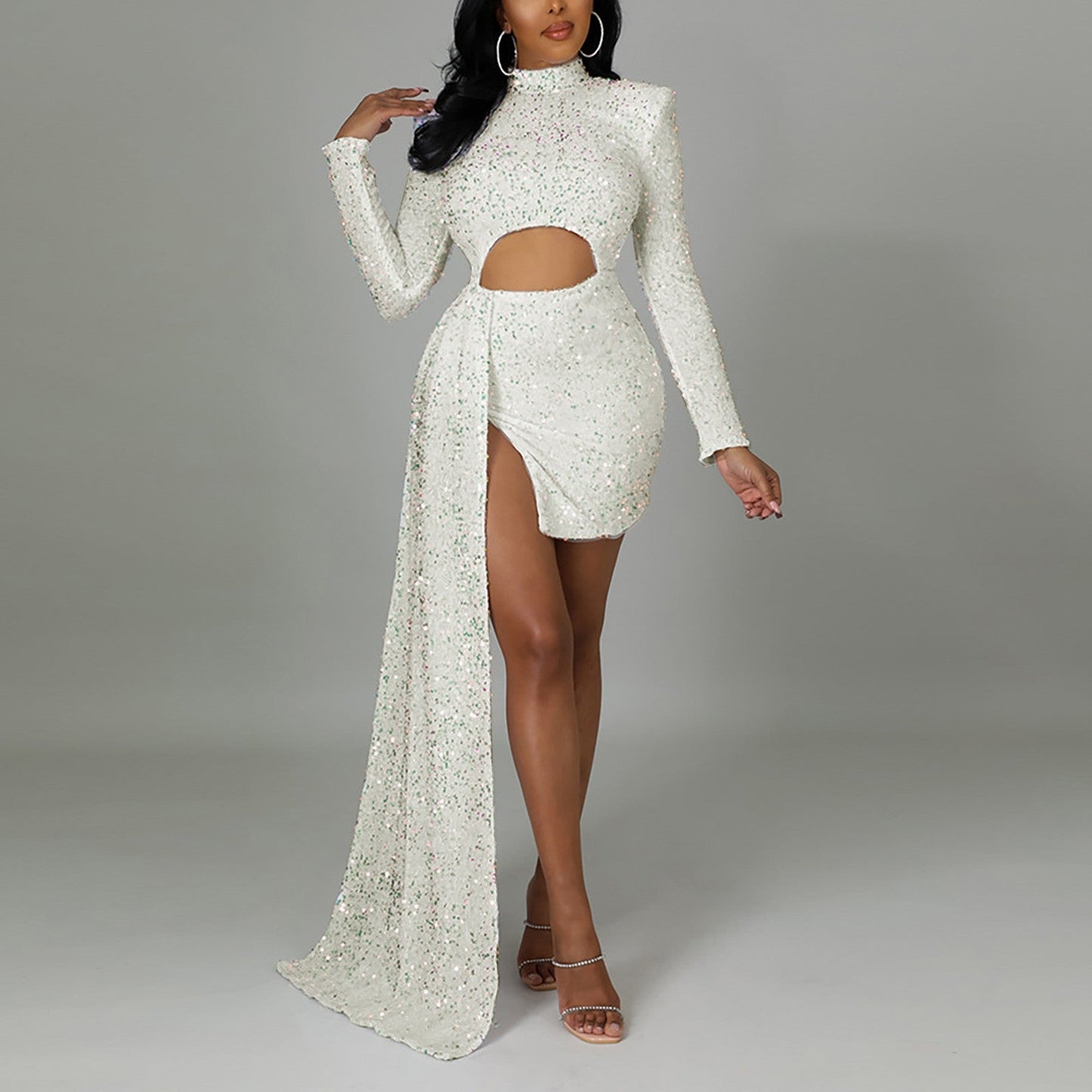 White/Red Hollow Out Sequins Long Dress Women Fashion Bodycon Lo