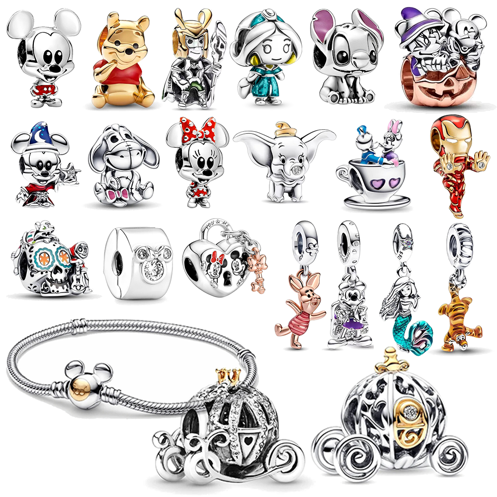 925 Silver Disney 100th Princess Pumpkin Cart Mickey Minnie Dumbo Charm Stitch  image 0