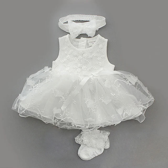 4Pcs Baby Summer Dress Set For Infant Girls Christening Baptism Gown W