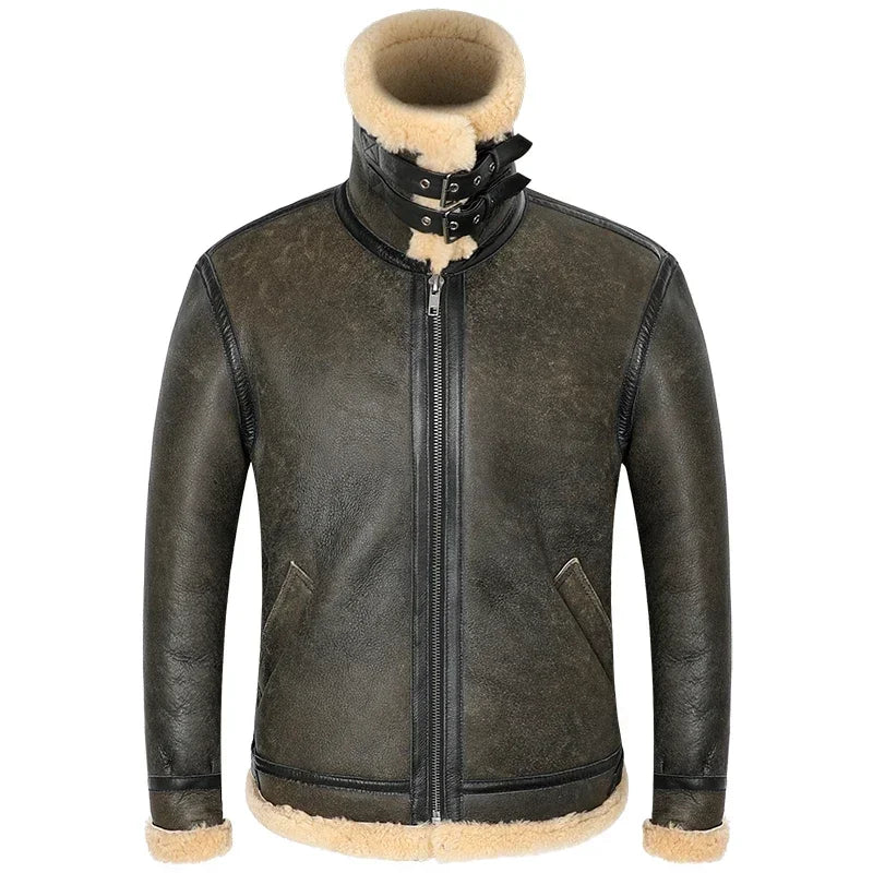 2025 Men's Winter Aviator Real Leather Jacket Sheepskin Shearling Genuine Leath image 1