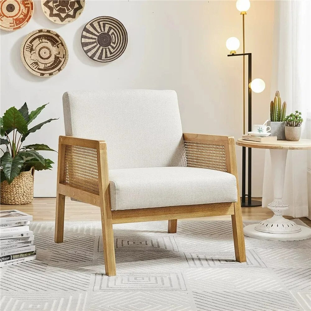 Fashion Fabric Upholstered Accent Chair with Rattan Sides for Living Rooms,Beige