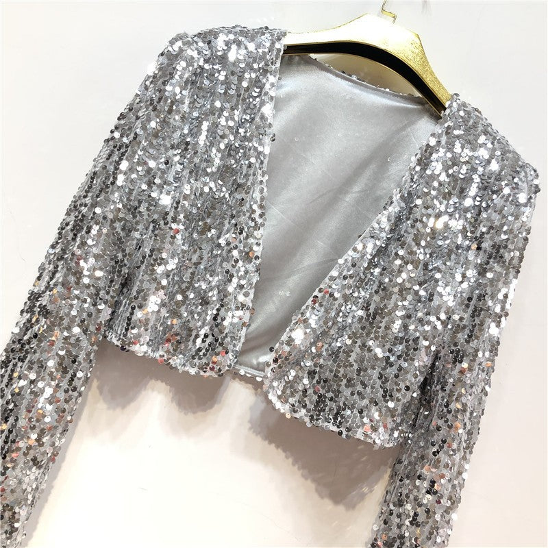 Women Coat Shining Sequined Long Sleeve Cropped Length Open Front Bolero Shrug  image 5