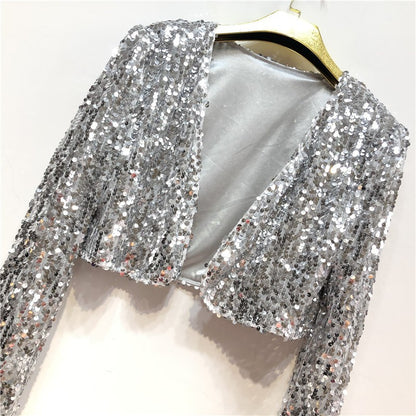 Women Coat Shining Sequined Long Sleeve Cropped Length Open Front Bolero Shrug  image 5