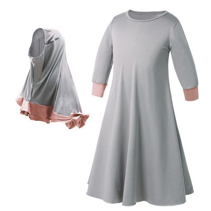 2 PCS Muslim Kids Girls Kaftan Abaya Islamic Dress Hijab Scarf Long Sleeve Maxi image 5