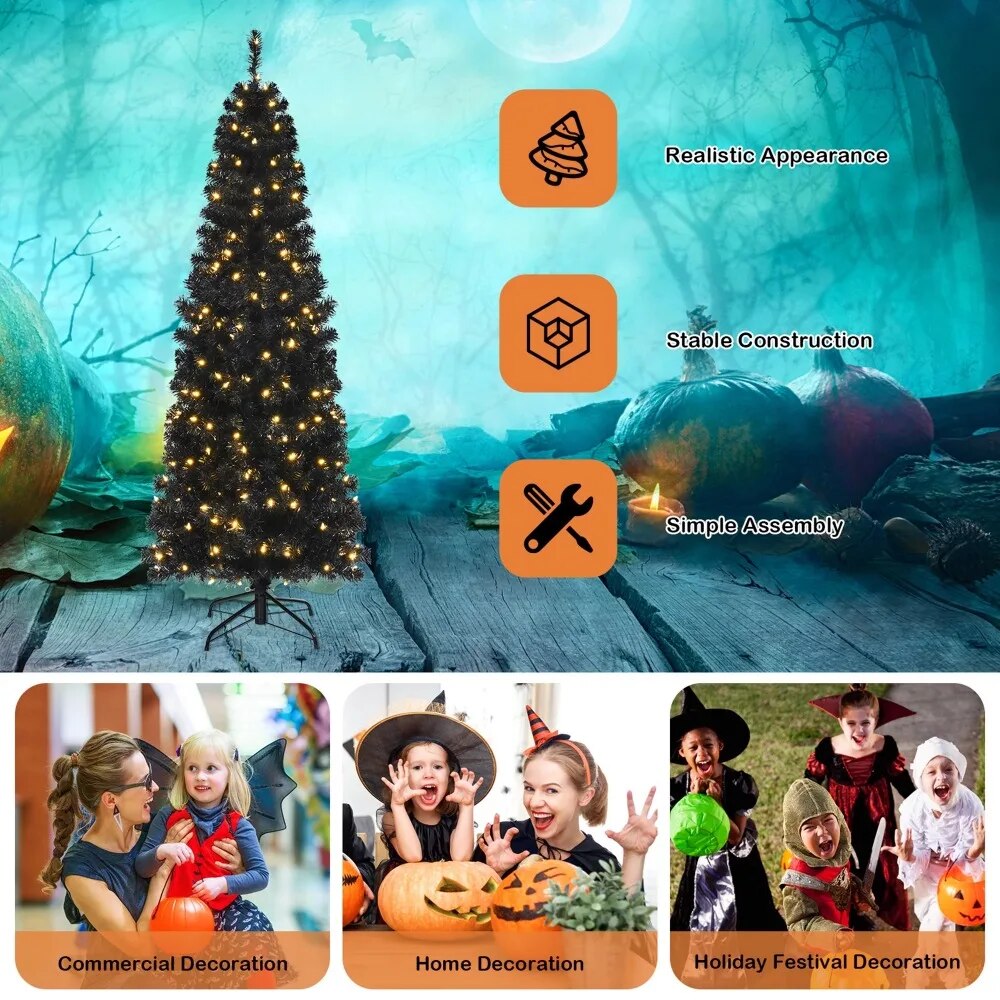 6 FT Artificial PVC Slim Pencil Christmas Tree Pre-lit Black Halloween Tree image 5