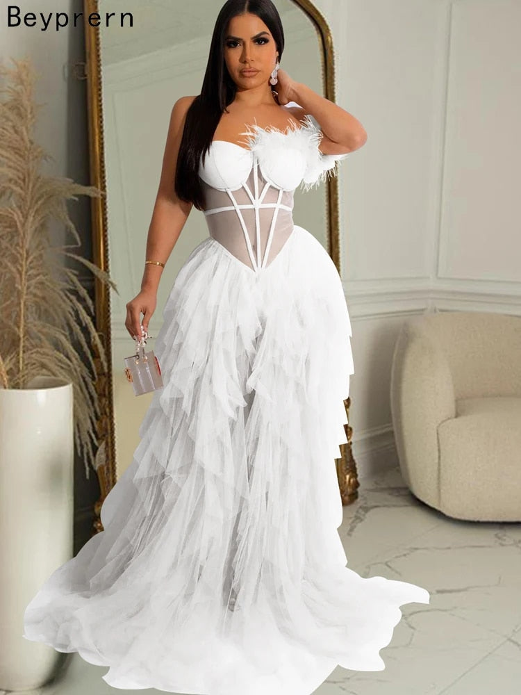 Ruffles Chffion Party Feather Maxi Dress Elegant Sheer Mesh