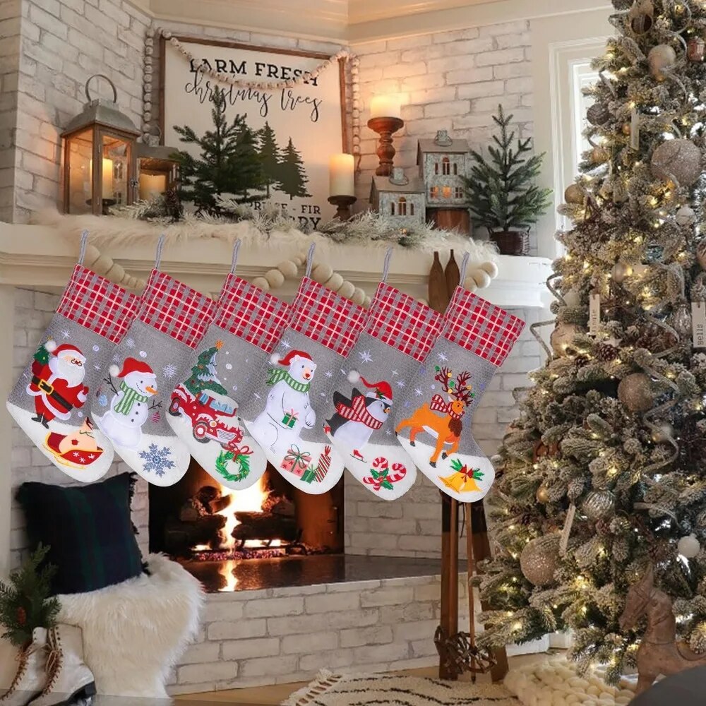 Set of 6 Christmas Stockings Gray Burlap Buffalo Red Plaid Soft Faux Fur 20 Inc image 6