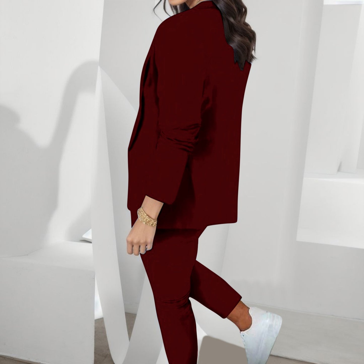 Women's Cardigan Blazer Top And Pants Solid Color Elegant Sporty Jacket Suit Se image 7