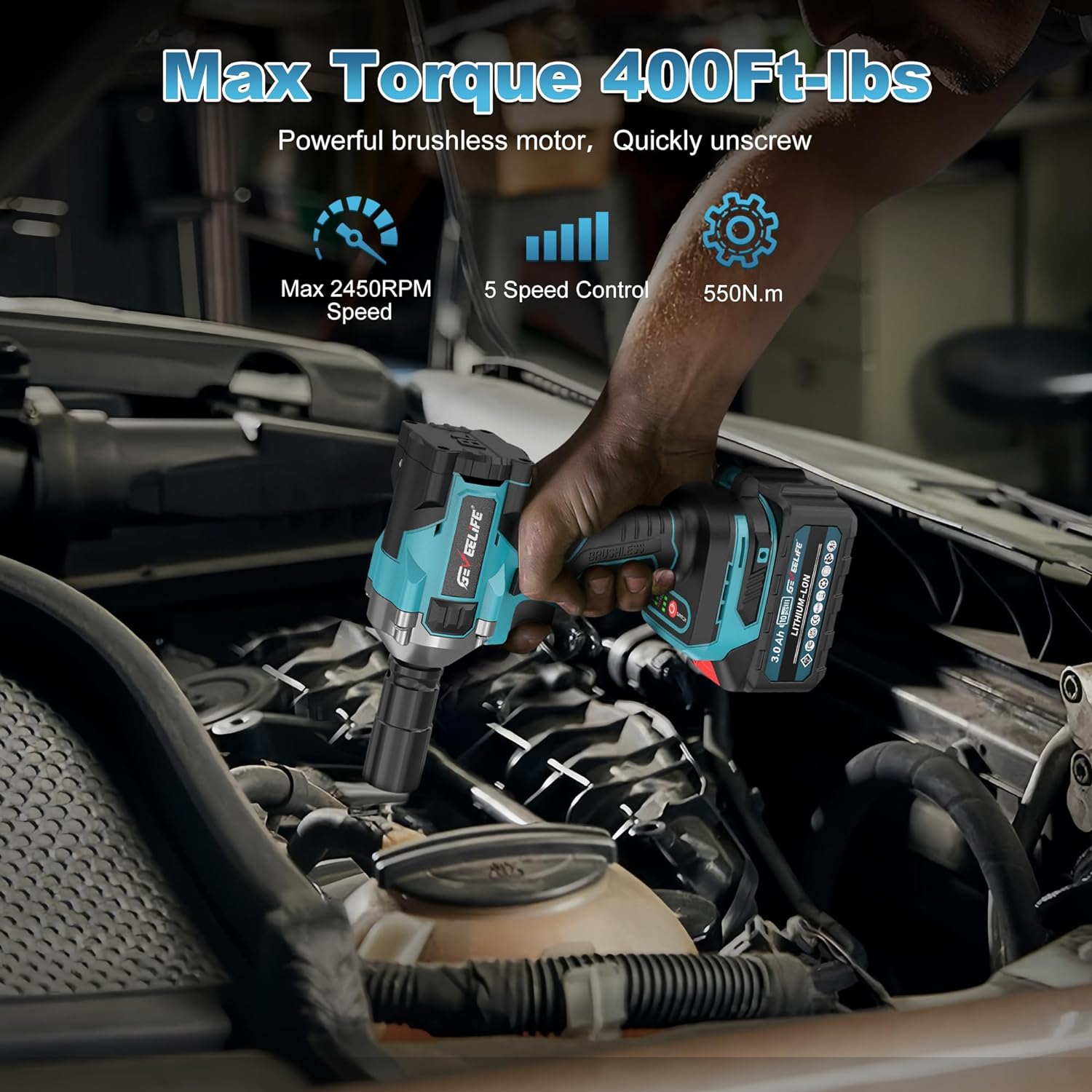 Impact Wrench 1/2 Cordless 400Ft-lbs(550N.M) Brushless Electric Impact Driver 2