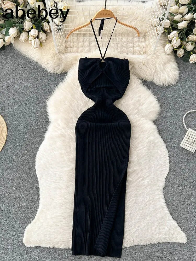 Ins Fashion Solid Knitted Women Dress 2023 Summer Halter Sleeveless Bodycon Dre