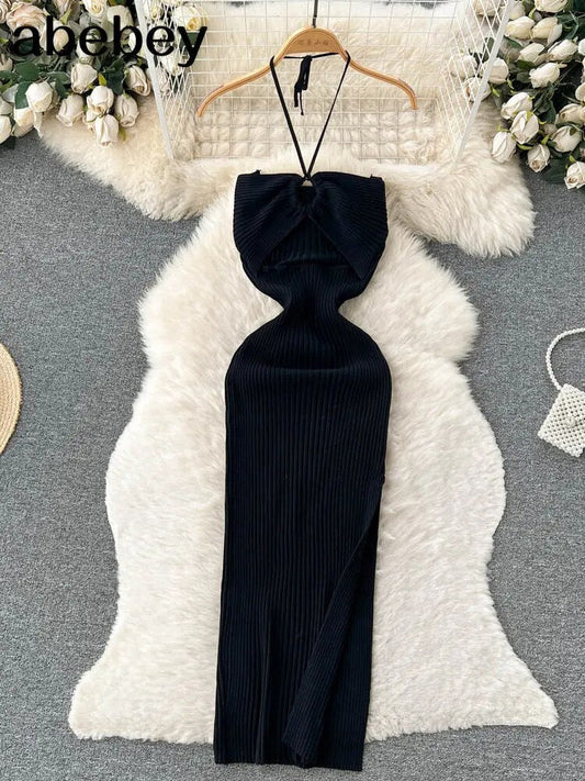 Ins Fashion Solid Knitted Women Dress 2023 Summer Halter Sleeveless Bodycon Dre