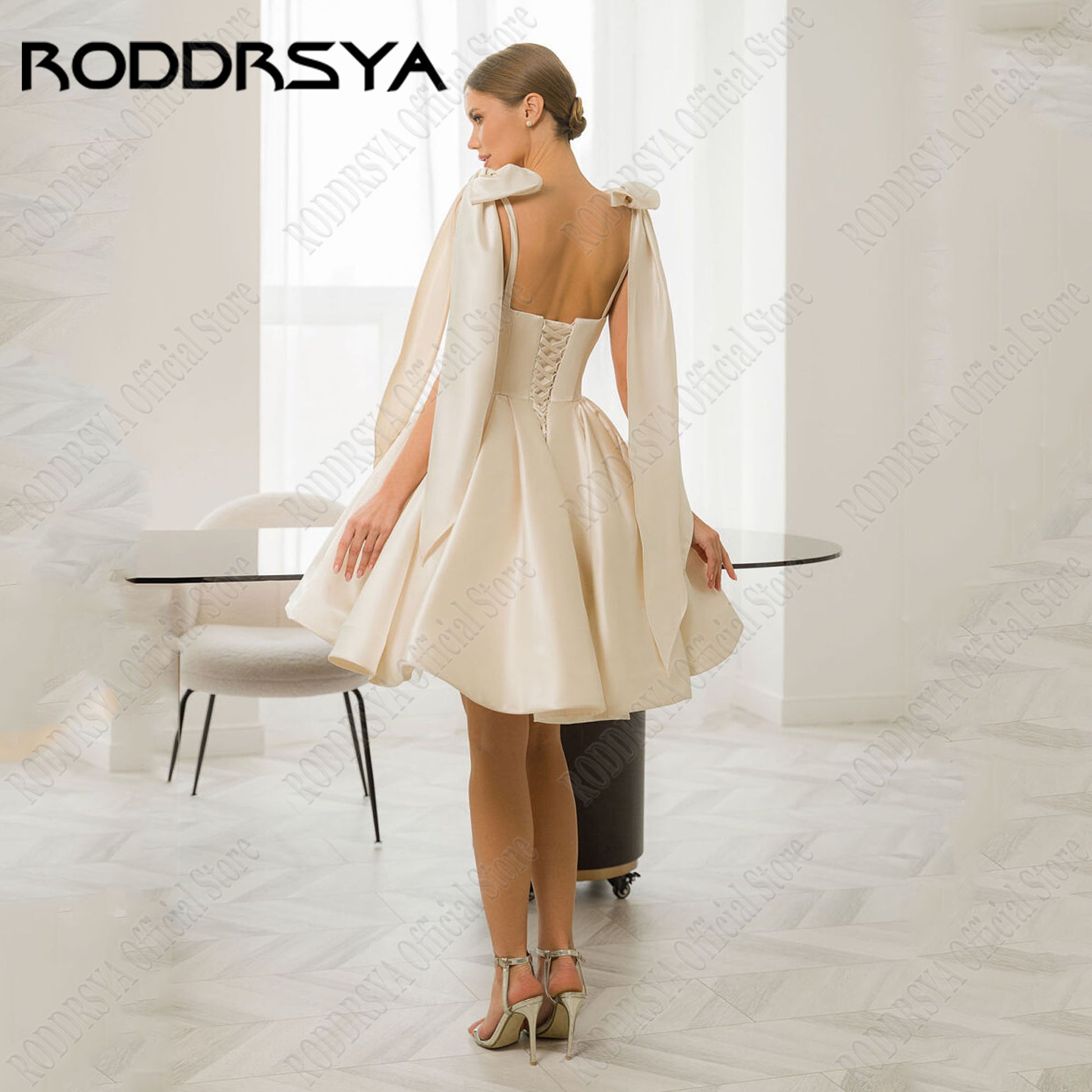 RODDRSYA Satin Mini Wedding Dress 2024 Bride Spaghetti Straps Sweetheart Lace U image 7