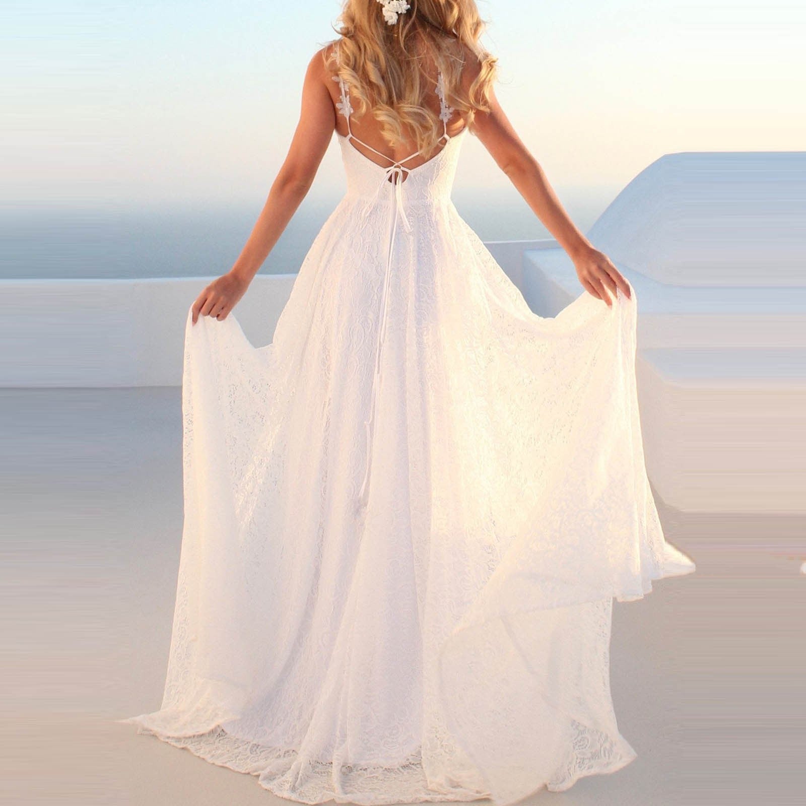 Sleeveless White Lace Dresses Women'spaghetti Strap Bohemian BeaDresses