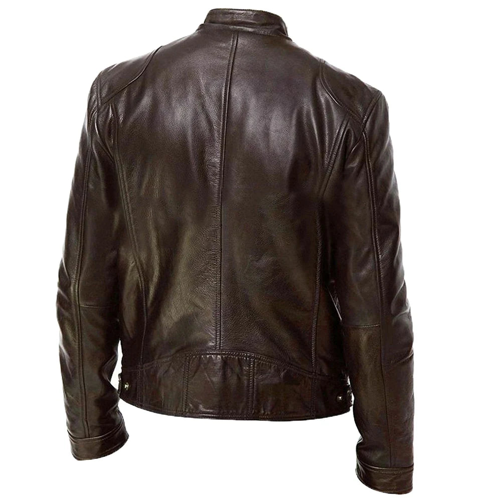 Motorcycle Jacket Men Slim Fit Collar Zipper Stand PU Leather Coat image 12