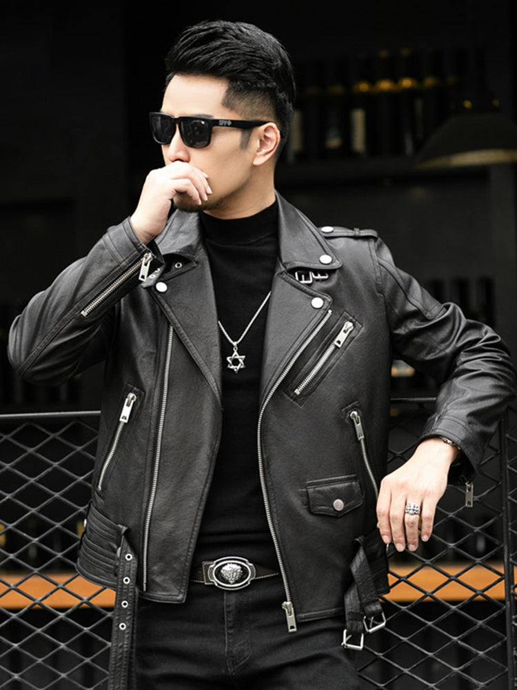 Spring Autumn Short Cool Black Leather Biker Jacket Men Zipper Long Sleeve Belt image 4