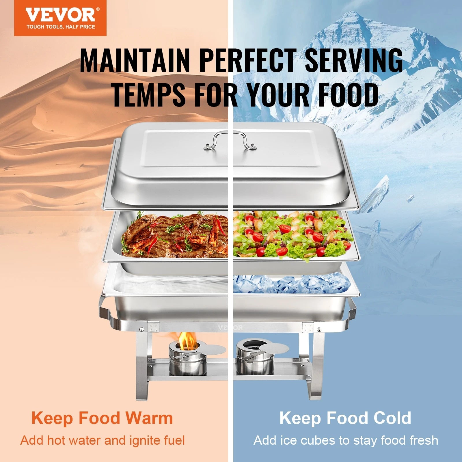 VEVOR 8QT 2 Pack Chafing Dish Buffet Set Stainless Chafer w/ 2 Full & 4 Half Si image 2