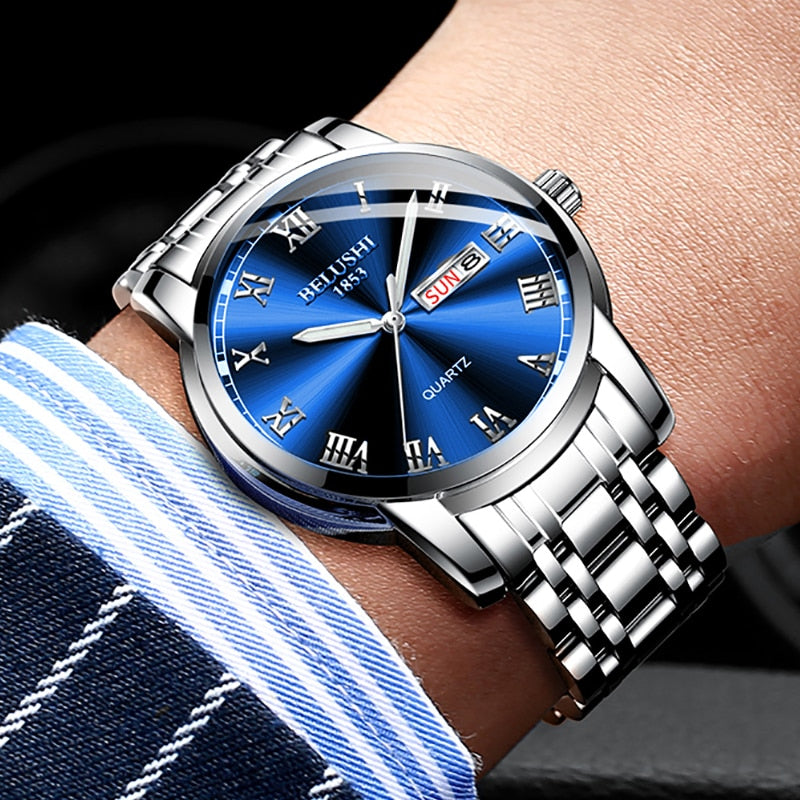 BELUSHI Men Watch Stainless Steel Top Quailty Luxury Push Button Hidden Clasp W image 16