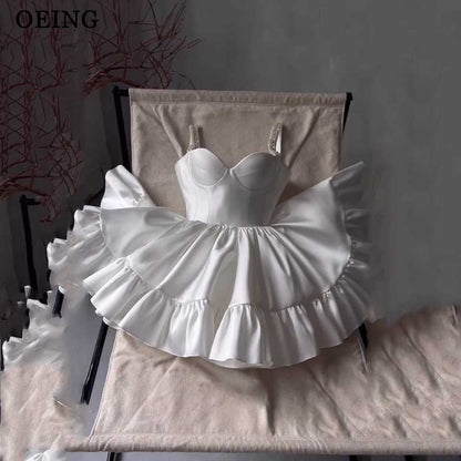 OEING White Prom Dress Sweetheart Neck Ruffles Bow Straps Homecoming Dr