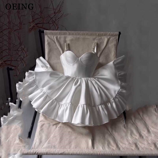OEING White Prom Dress  Sweetheart Neck Ruffles Bow Straps Homecoming Dr