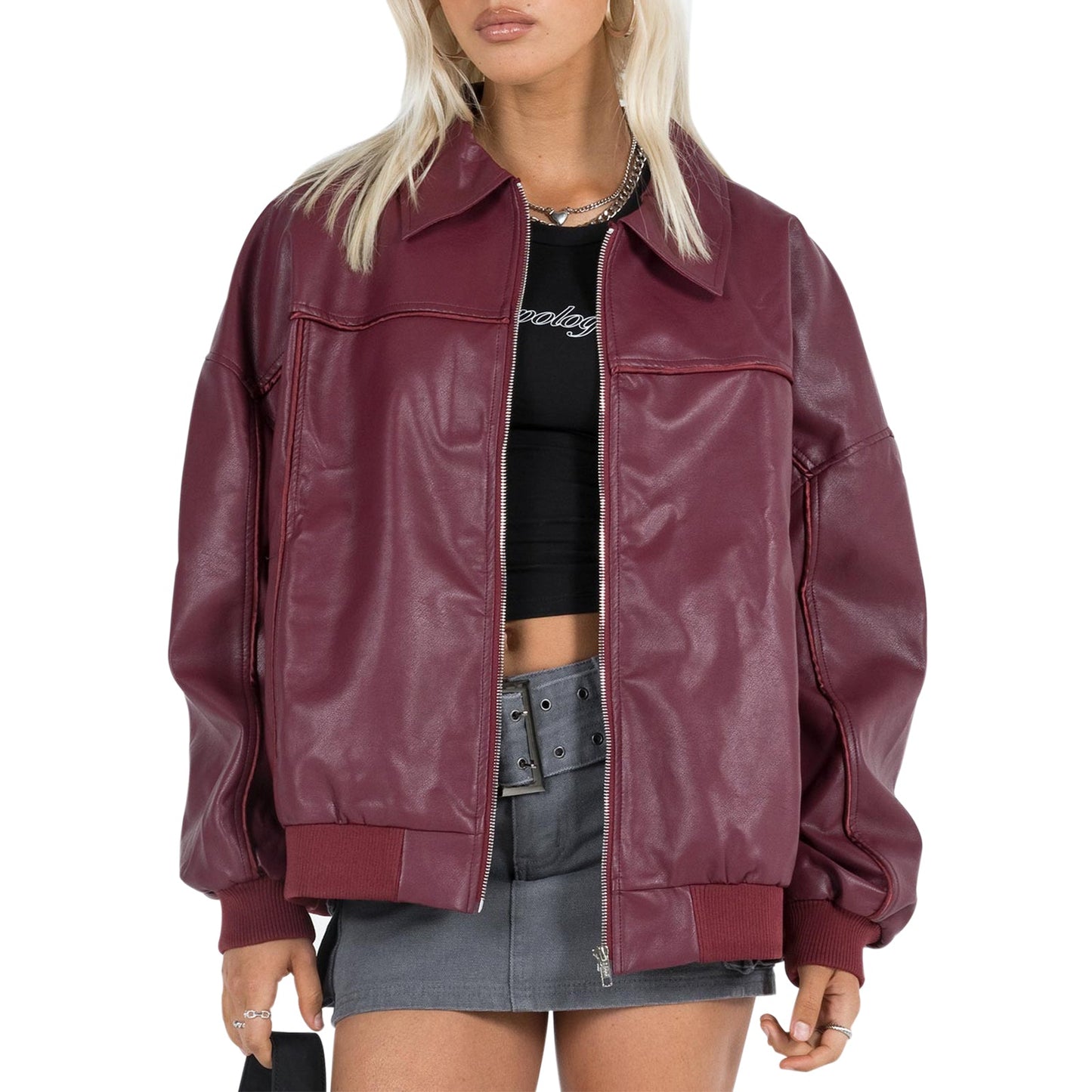 Women Faux Leather Moto Jacket  Lightweight Zip-Up Coat with Long Slee