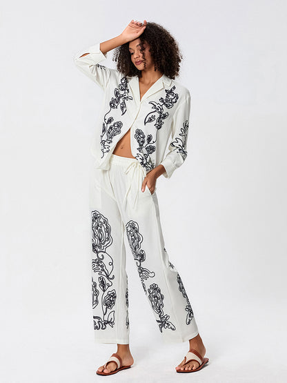 Women Blazer and Pants Set Stylish Floral Print Jacket with Trousers for Workwe image 2