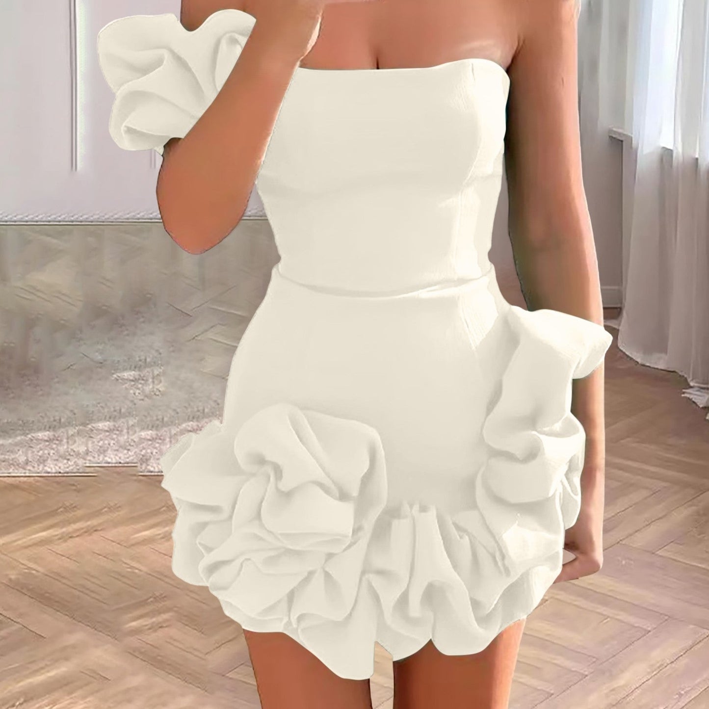 Women 3D Flower Cocktail Dress One Shoulder Party Evening Dresses For W