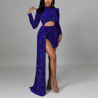 White/Red Hollow Out Sequins Long Dress Women's Fashion Bodycon Lo