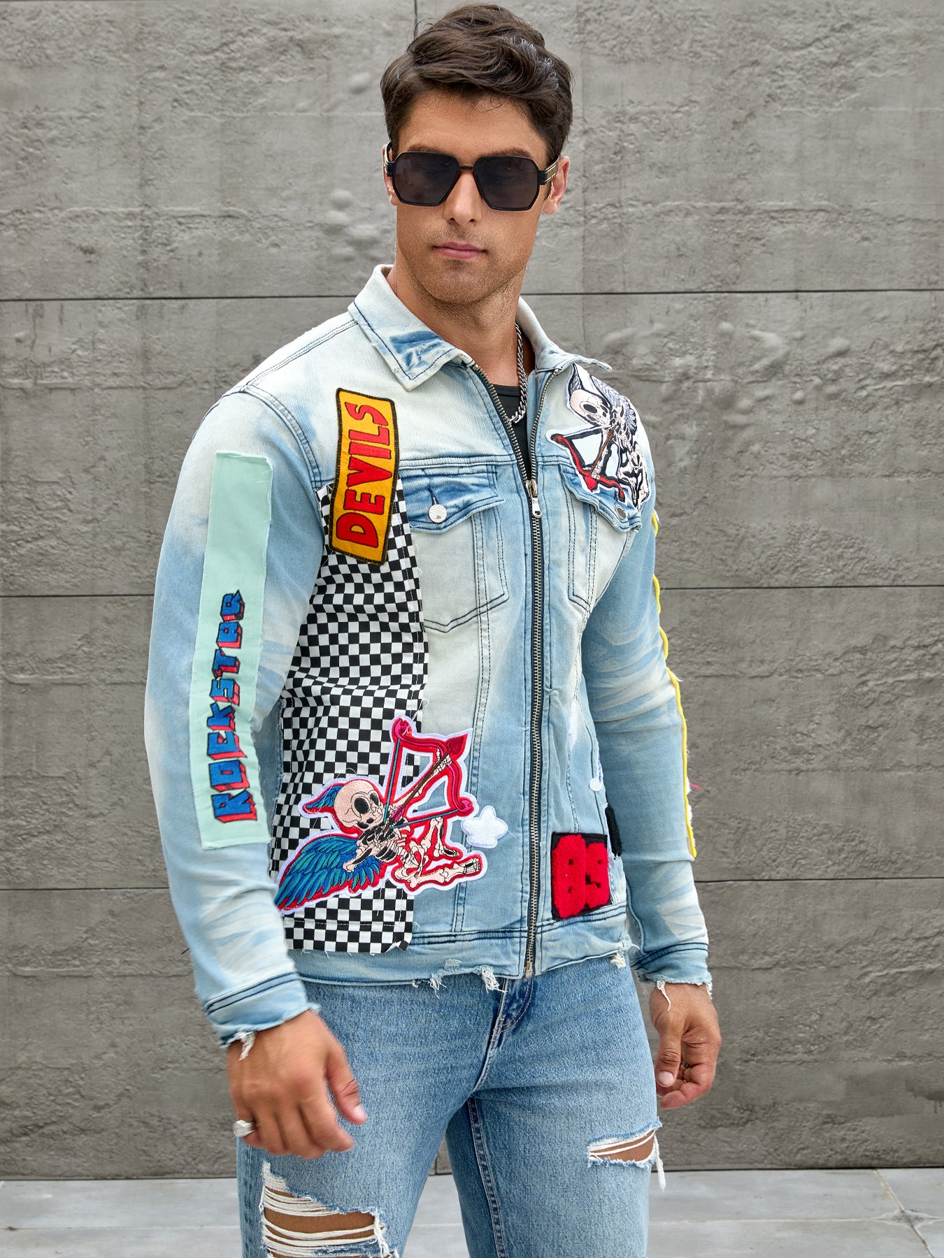 Men's stretch denim jacket, cat creases wash water, full embroidered seal desig image 2